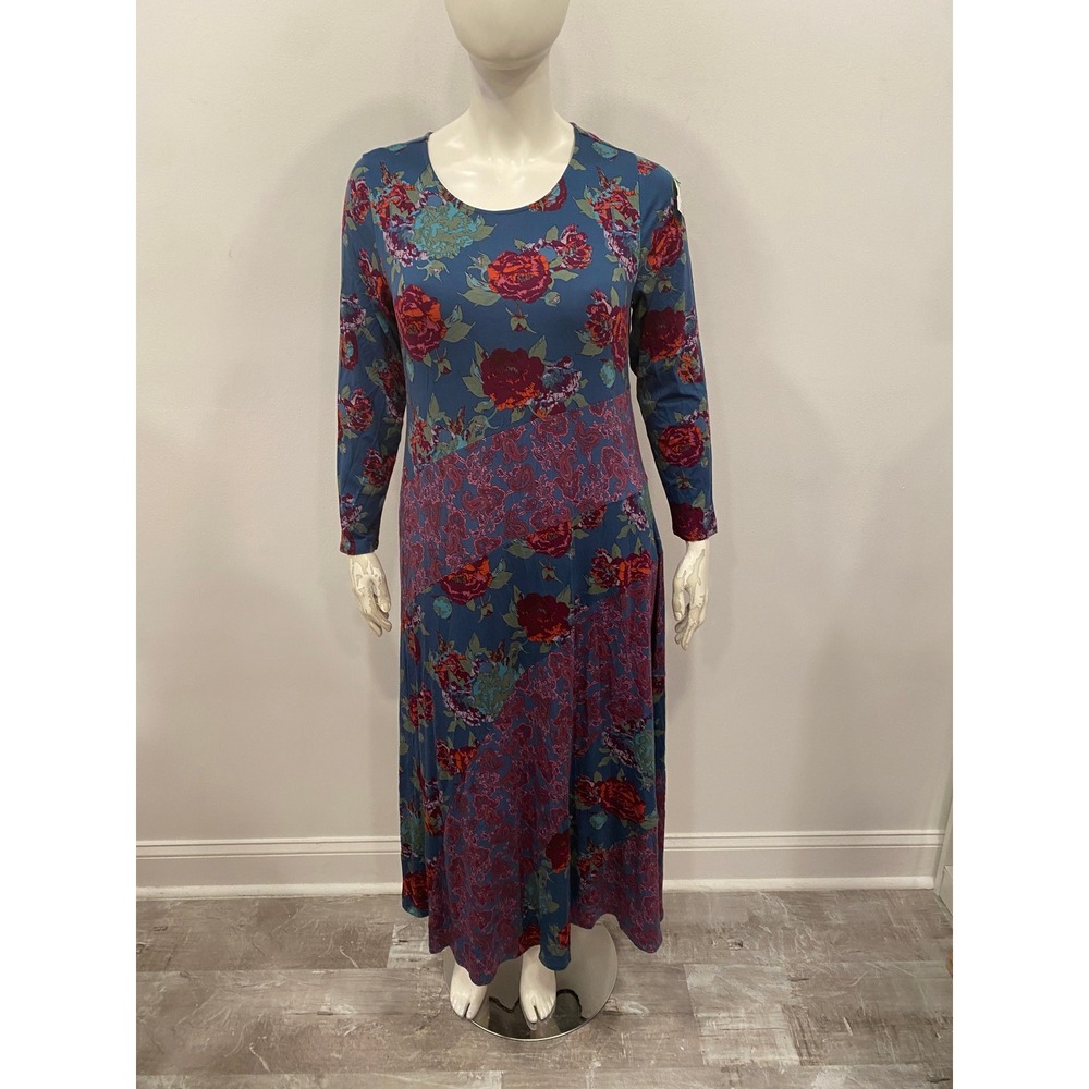 Soft Surroundings Blue Floral Paisley Mixed Print Long Sleeve Maxi Dress P XL